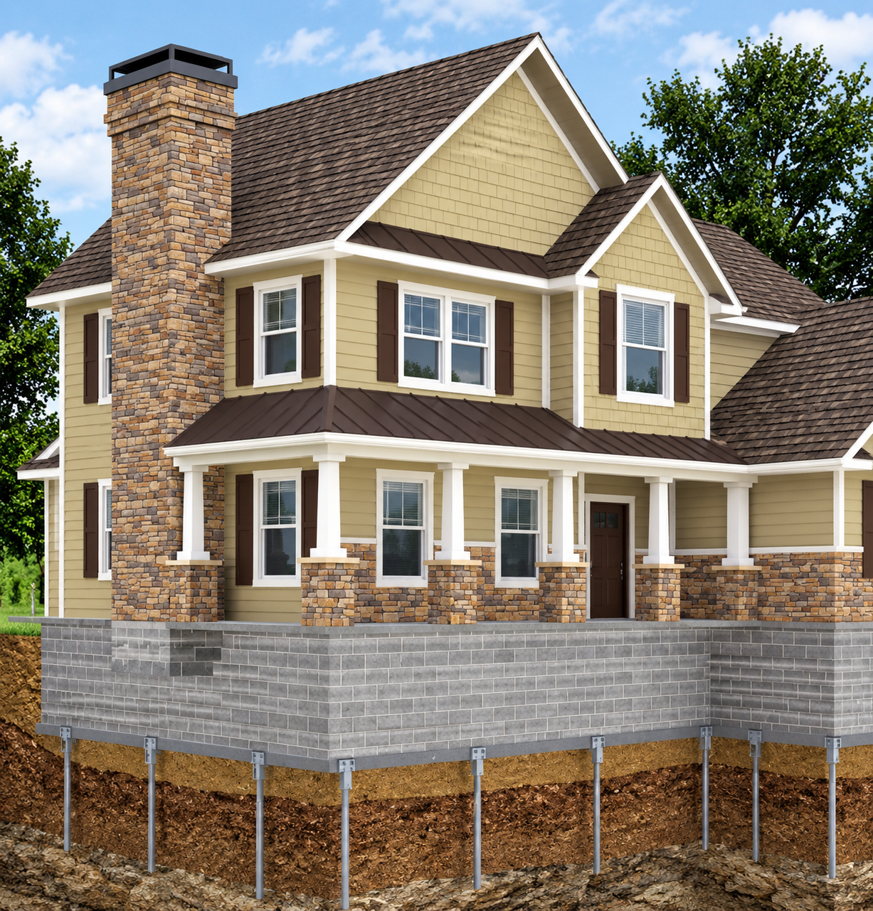 Illustration of a home stabilized on steel push piers driven through unstable soil to bedrock