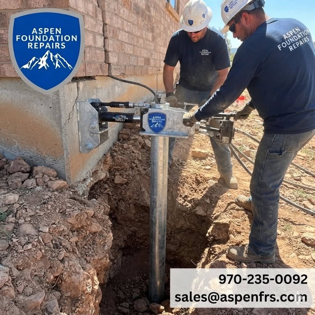 Steel push pier driven beneath a home foundation to stop settlement