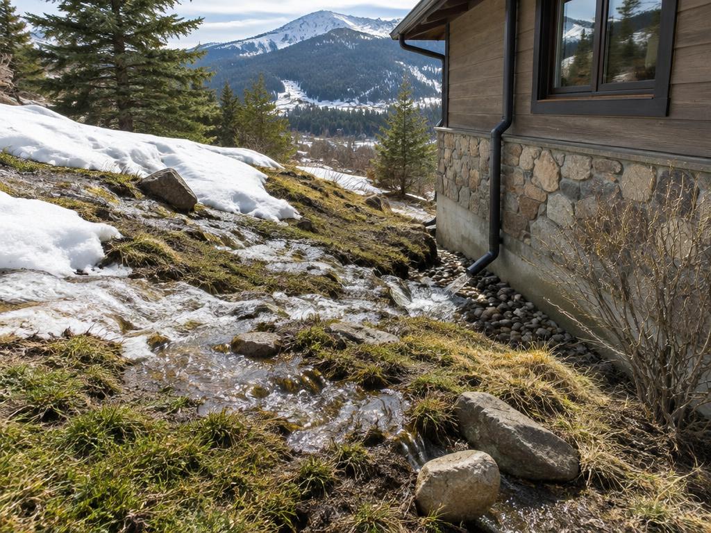 Snowmelt running toward a mountain home foundation