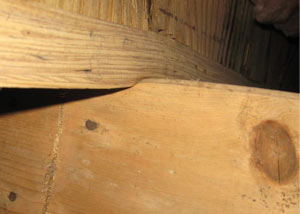 A failing girder showing signs of compression damage in a Colorado home